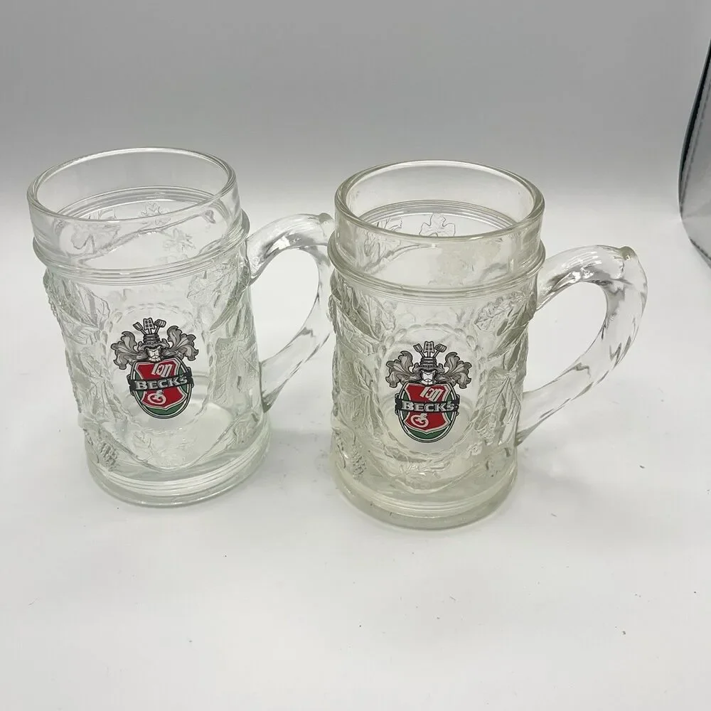 Becks Beer Heavy Thick Glass Mug Stein Grape Leaf Design Germany Set Of 2